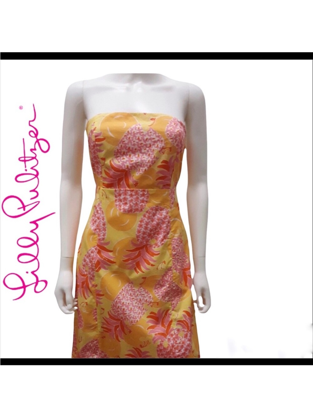 Lilly Pulitzer Yellow Strapless Floral Sheath Dress with Pink Accents